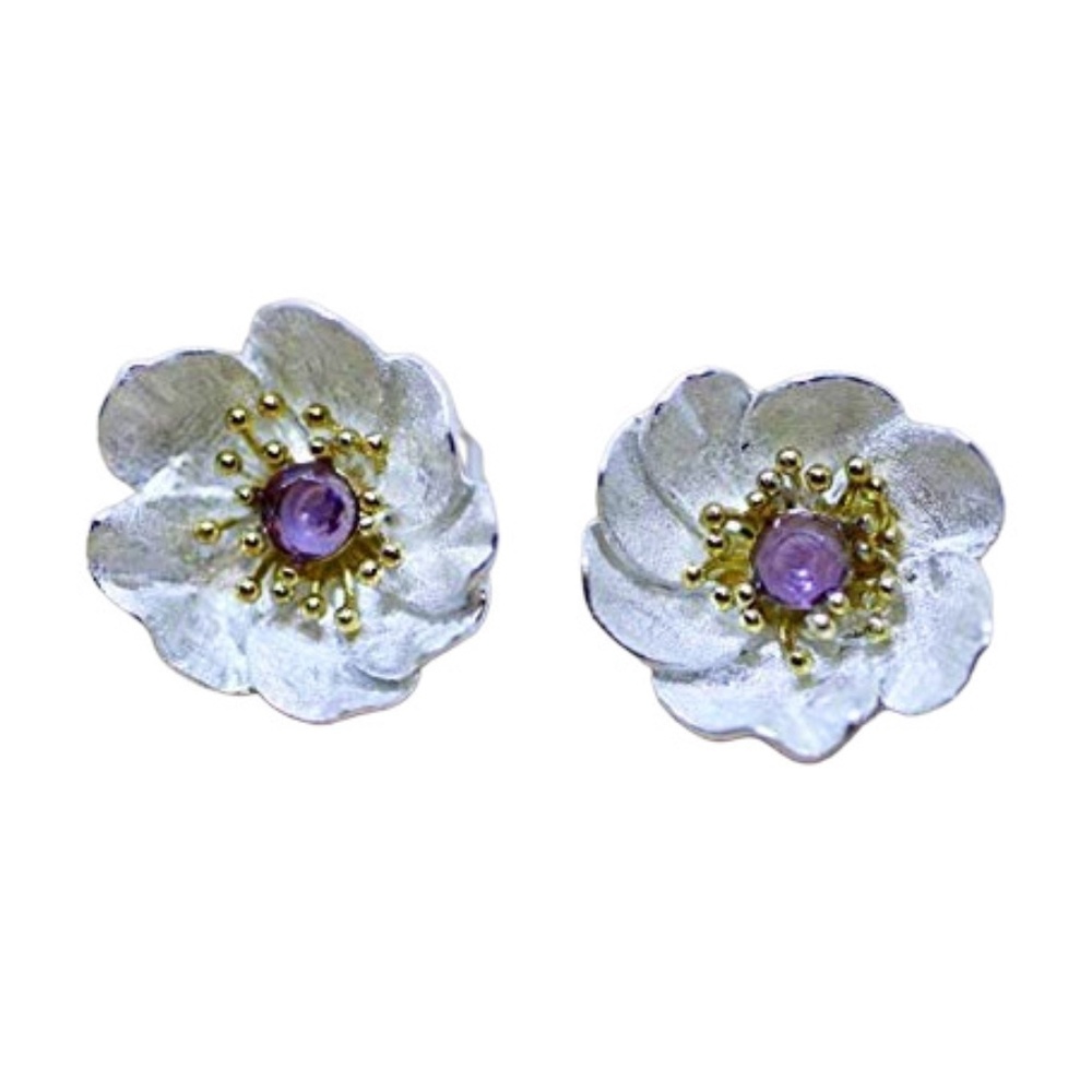 Handmade Natural Amethyst Flower Earrings Sterling Silver 925 , Flower Studs